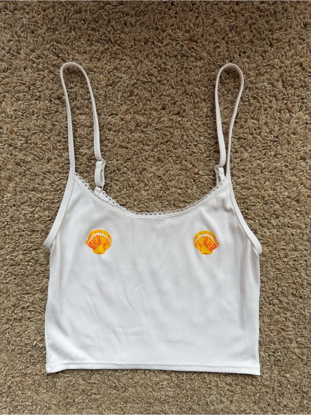 White Shell-Accent Spaghetti Strap Crop Tank